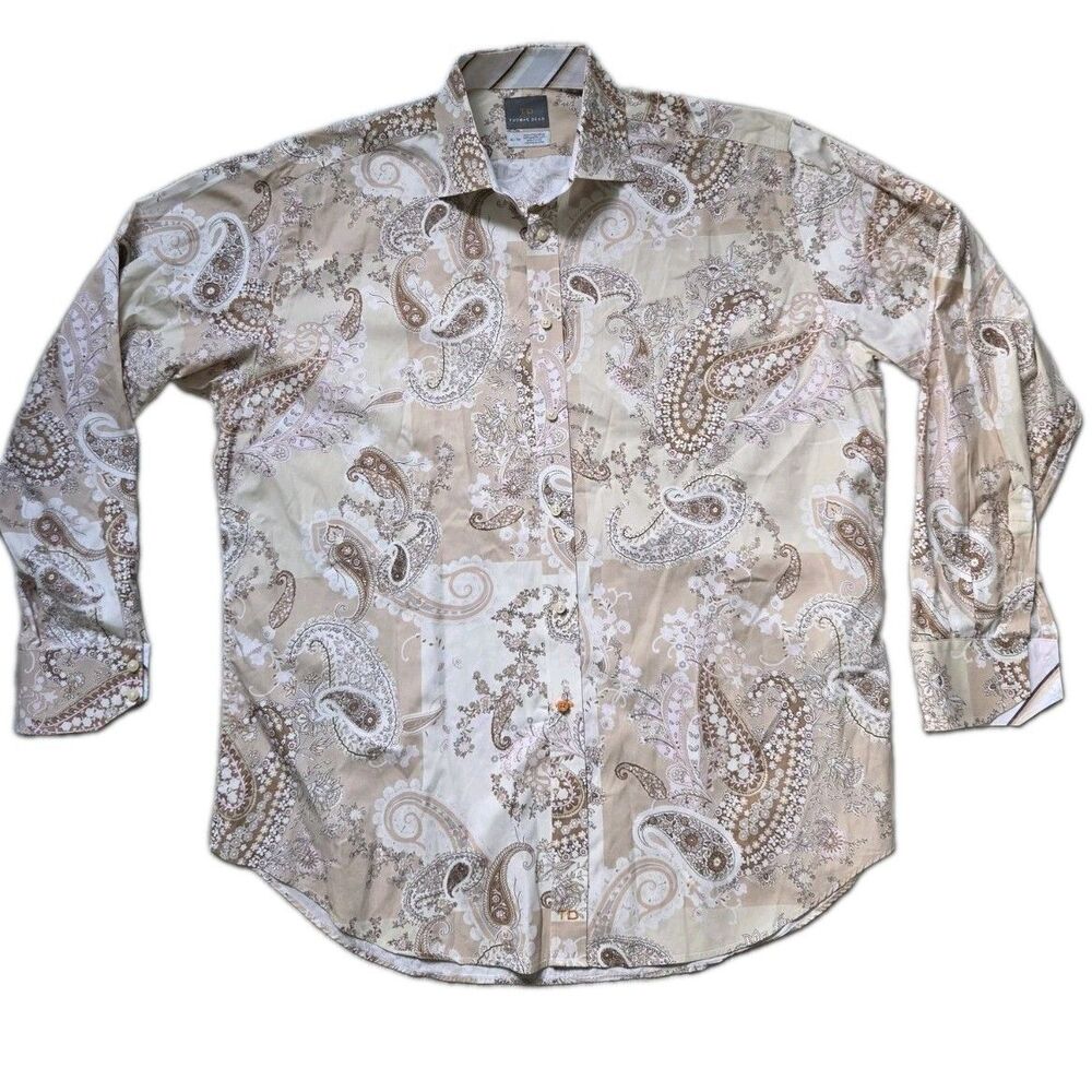 Thomas Dean Paisley Button Up Shirt Mens XL 17 Cream Tan Pink Long Sleeve EUC